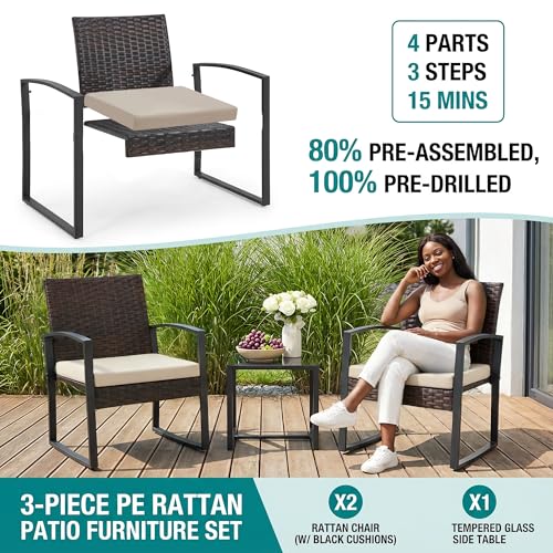3 Pieces Patio Furniture Set, Outdoor Rattan Bistro Set with Coffee Table, Durable Steel Frame with Strapped Cushions for Garden, Balcony, Poolside, Backyard