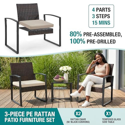 3 Pieces Patio Furniture Set, Outdoor Rattan Bistro Set with Coffee Table, Durable Steel Frame with Strapped Cushions for Garden, Balcony, Poolside, Backyard