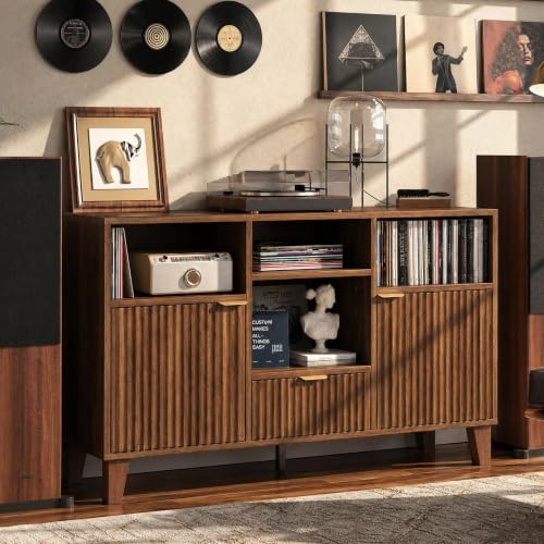 Large Round Record Player Stand with Vinyl Record Storage & Charging Station, view 2