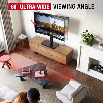 Swivel Universal TV Stand for 32-75 inch TVs with Tilt Down/Up, 8 Levels Height Adjustable Table Top TV Mount Stand with Stable Heavy Duty Tempered Glass Base, MAX VESA 600x400 mm, up to 99lbs, Black