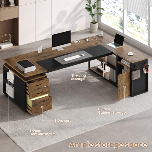 78" Executive Desk with Lockable File Cabinet, L Shaped Office Desk with Power Outlets, Large Executive Desk with Drawers and Storage Shelves, Reversible Computer Desk, Rustic Brown