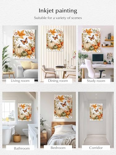 NuYeBiofx Fall Thanksgiving Pumpkin Berry Canvas Wall Art Prints,30"x20" Framed Picture Artwork Autumn Maple Leaves Butterfly Printed Canvas Oil Painting for Living Room Bedroom Office,Ready to Hang