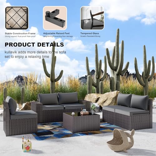 6PCS Outdoor Patio Furniture Set PE Wicker Rattan Sectional Sofa Patio Conversation Sets,Grey