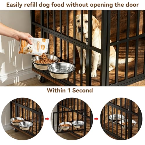 Heavy Duty Large Dog Crate Furniture with 360° Rotatable Bowls & Wheels, view 4