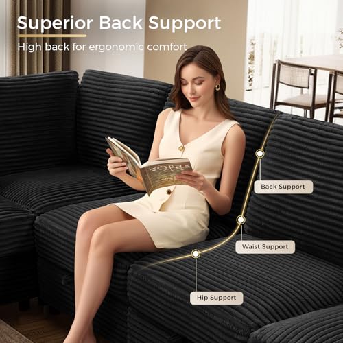 Modular Sectional Sofa V-Shaped 6 Seater Couch with Storage Ottoman, Convertible L/J-Shaped Couch and Sofa Bed Plush Wide-Wale Corduroy for Living Room, Apartment, Modern Design, Black