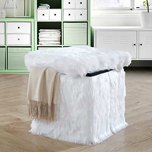 Mongolian Fur Collapsible Storage Ottoman 15 Inch Square Soft White Modern Multipurpose Footrest Bench Living Room Furniture Accent Décor