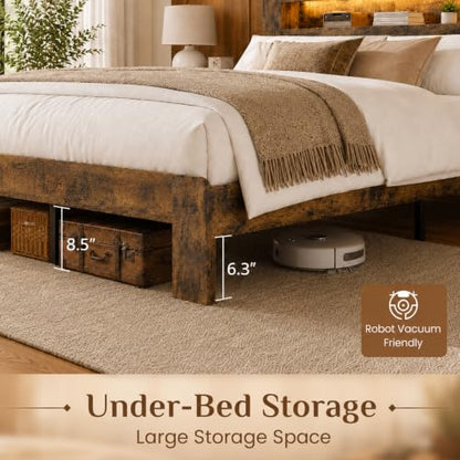 Farmhouse Queen Bed Frame, Storage Headboard with LED Charging, Brown, view 6