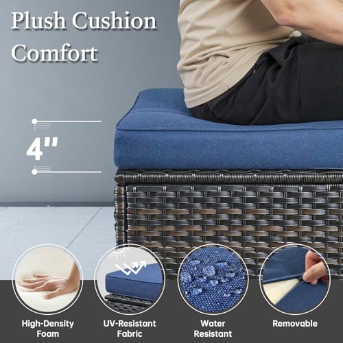 Outdoor Ottoman Set of 2 - PE Wicker Rattan Ottoman Patio Footstool for Deck Porch Balcony Garden - Brown/Blue