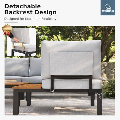 4 Pieces Outdoor Sectional with Cushion, Metal L-Shaped Outdoor Patio Furniture Set with Side Table, Modular Patio Conversation Set, Modern Backyard Furniture for Deck,Garden