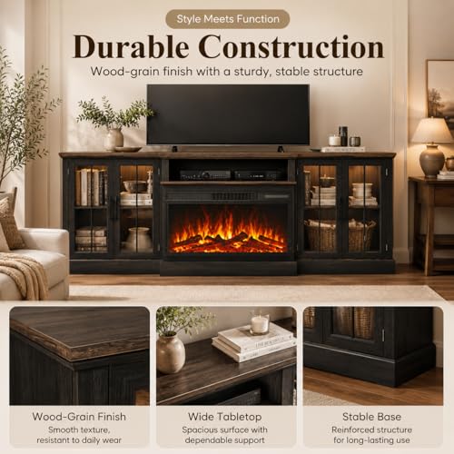 Black 98" Farmhouse TV Stand with 36" Fireplace for Living Room, view 7