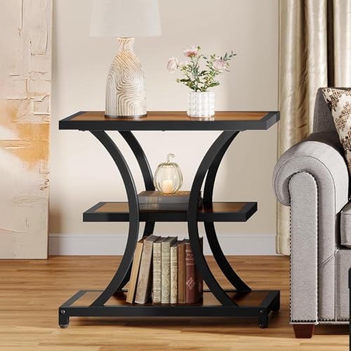Tribesigns End Table with Storage, 3-Tier Side Table with Geometric Metal Design, Industrial Nightstand for Small Spaces, Living Room, Bedroom, Study Room (Rustic Brown)