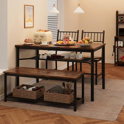 Dining Table Set for 4 with Bench and Chairs, 4-Piece Kitchen Table Set with Storage – Space-Saving Dining Table for Apartments and Dining Rooms, Brown