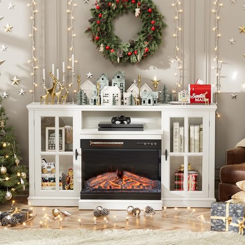 Fireplace TV Stand up to 65", 3-Sided Glass, Distressed White, view 7