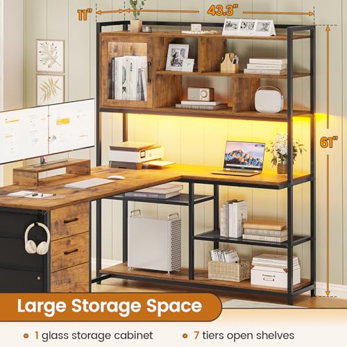58'' L Shaped Computer Office Desk with 3 Drawers and Bookshelf, view 3