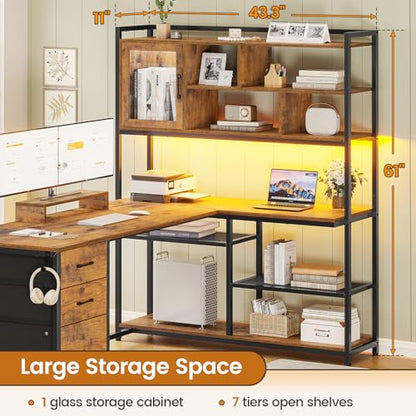 58'' L Shaped Computer Office Desk with 3 Drawers and Bookshelf, view 3
