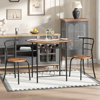 3-Piece Dining Table Set for Kitchen Breakfast Nook, Wood Grain Oval Tabletop and Metal Frame with Built-in Wine Rack, for Small Spaces, Antique Brown & Black