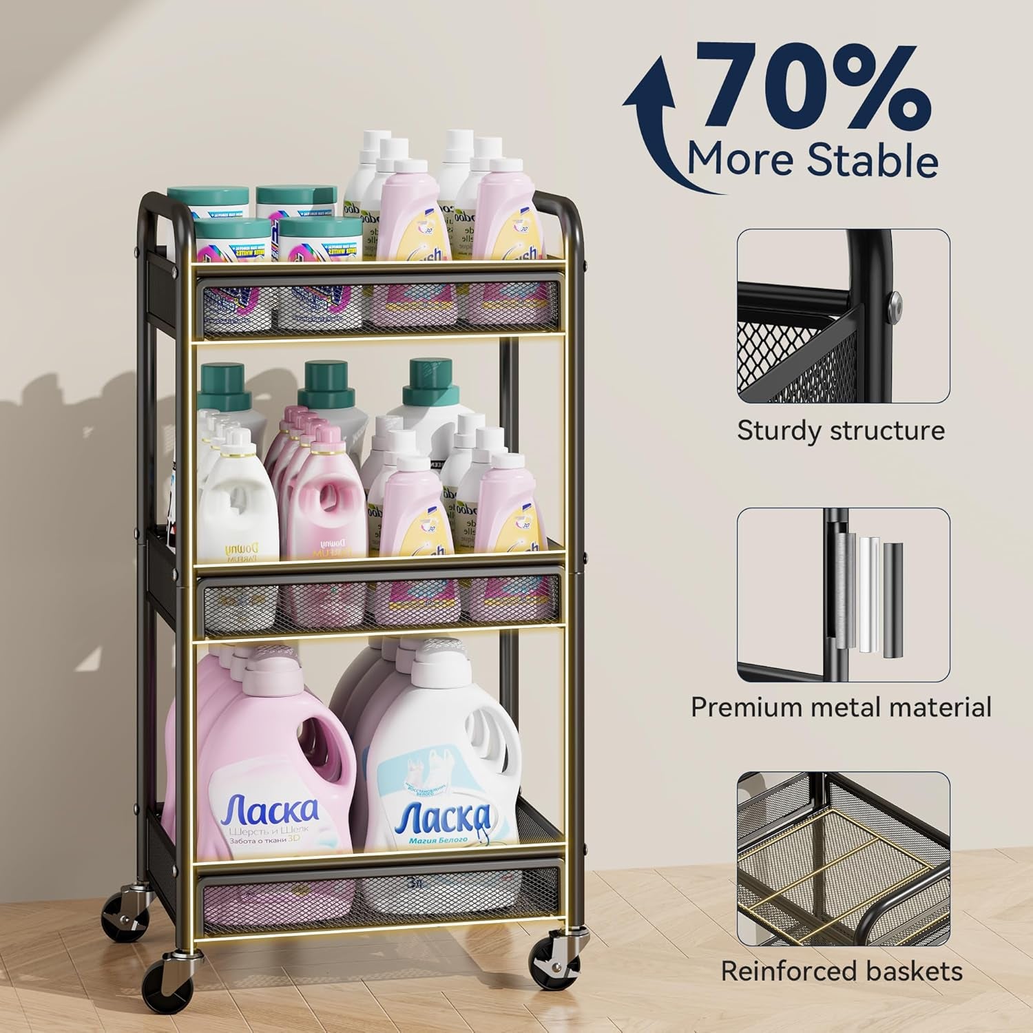 3 Tier Rolling Cart – Metal Utility Storage Carts with Wheels, Craft Cart Organizer with Hanging Cups, Hooks, Mesh Basket for Bedside Kitchen Office Art, Black