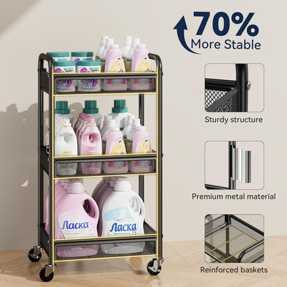 3 Tier Rolling Cart – Metal Utility Storage Carts with Wheels, Craft Cart Organizer with Hanging Cups, Hooks, Mesh Basket for Bedside Kitchen Office Art, Black