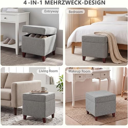 Linen Storage Ottoman with Wooden Legs, 17" Square Upholstered Flip-Top Footrest Stool, Extra Seat or Coffee Table for Living Room, Bedroom, Entryway, Grey