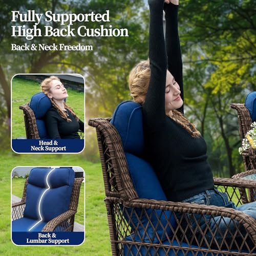 Outdoor Swivel Chairs 3 Piece Wicker Rocking Chairs Set Patio Furniture Set with Rattan Side Table Rocker Bistro Sets for Outside Porch Backyard (5" Thick Cushions and 25" Full Support Back)