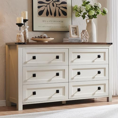 54" Wide Farmhouse 6-Drawer Dresser for Bedroom, Antique White | Rustic, Wood Storage Cabinet, Metal Handle, Unique Corner Accent, Bedroom, Living Room, Hallway
