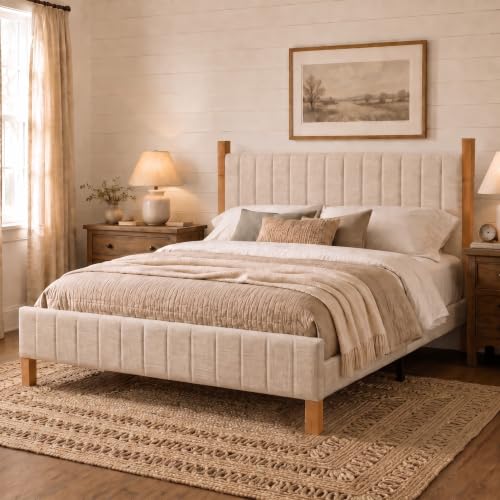 Solid Wood Queen Bed Frame with Upholstered Headboard, Beige, view 4