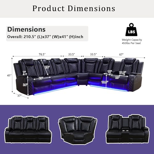 Power Recliner Sectional Sofa Set with LED Light, Leather Reclining Sectional Couches Corner Sectional Sofa Set with 2 Recliner Seats for Living Room with Cup Holder, Storage Console, Black