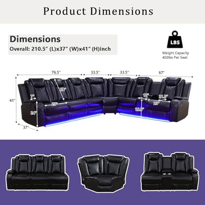 Power Recliner Sectional Sofa Set with LED Light, Leather Reclining Sectional Couches Corner Sectional Sofa Set with 2 Recliner Seats for Living Room with Cup Holder, Storage Console, Black
