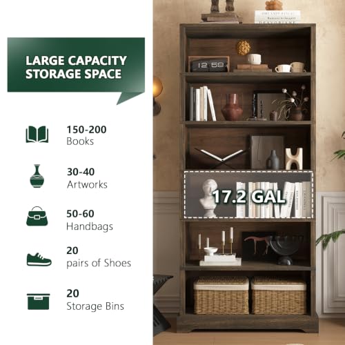 6 Tiers Wooden Bookshelf, 77.2" Tall Farmhouse Style Open Bookcase, view 5