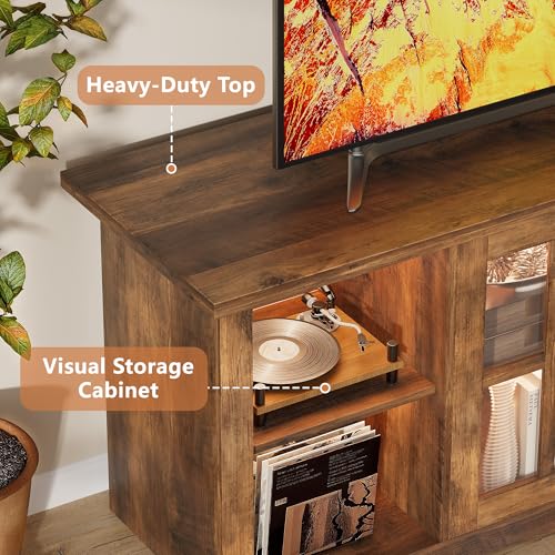 Farmhouse TV Stand, 58 Inch TV Stand for Living Room with Glass Doors, Fast Charge USB Hub & Adjustable LED Lights, Rustic TV Cabinet for TV up to 65 inch (Rustic Brown)