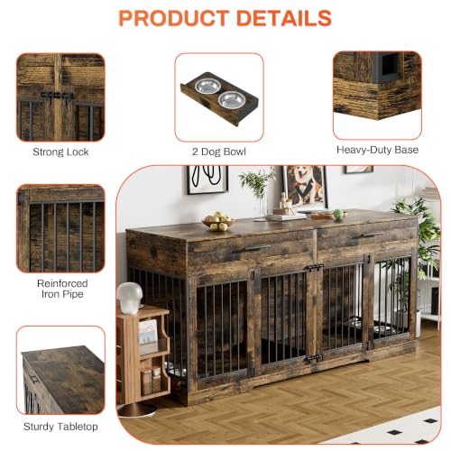 72" Double Dog Crate Furniture with Drawers and Divider, Brown, view 7