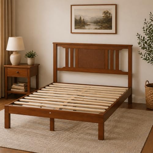 Brown Solid Wood Platform Bed Frame with Slat Support, view 5