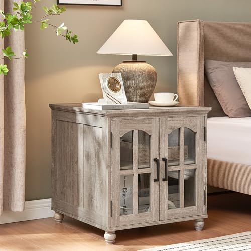 Farmhouse End Table Set of 2 with Charging Station, 18'' Narrow Side Table and 24" Large Sofa Table with Glass Barn Door Storage, Wood Night Stand Bedside Cabinet for Living Room,Bedroom