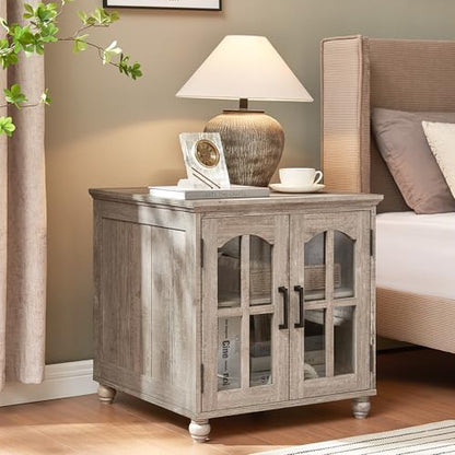 Farmhouse End Table Set of 2 with Charging Station, 18'' Narrow Side Table and 24" Large Sofa Table with Glass Barn Door Storage, Wood Night Stand Bedside Cabinet for Living Room,Bedroom