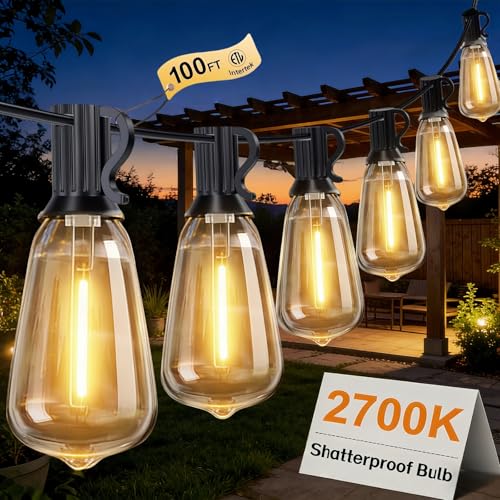 100FT Outdoor String Lights, Waterproof Patio Lights with Clear Shatterproof Plastic ST38 Vintage Edison Bulbs, Connectable Outside Hanging Lights for Backyard, Porch, Deck, Balcony, Garden, 2700K