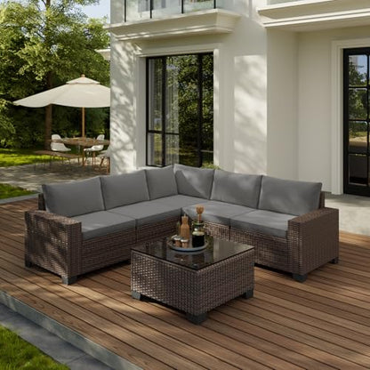 6-Piece Outdoor Patio Furniture Set, PE Wicker Rattan Sectional Sofa Conversation Set with Thickened Cushions and Coffee Table, All-Weather Patio Furniture for Garden, Backyard, Poolside, Grey
