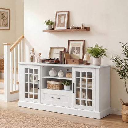 Farmhouse TV Stand for TV up to 65 70 Inches, Tall Media Console Table with 2 Glass Storage Cabinets, 1 Drawer & 2 Open Shelves, Wooden Entertainment Center for Living Room (White)