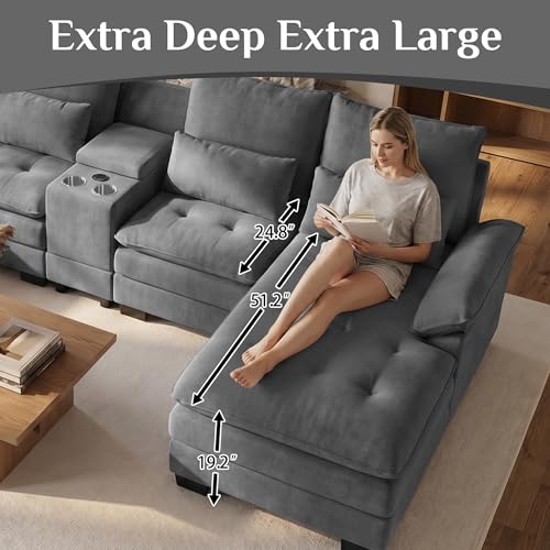 134" Oversized Grey Sectional Couches for Living Room,Fluffy Couch with Chaise Lounge&Tufted Buttons, U Shaped Living Room Sofa Set Furniture,Chenille 6 Seater Couch with Storage Console