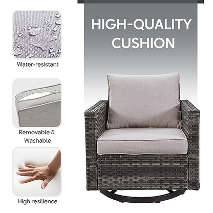 5 Piece Wicker Patio Furniture Set - Outdoor Swivel Rocker Chairs Set with 3 Seat Sofa and Ottomans, Small Patio Conversation Sets Proch Furniture for Balcony Deck - Grey/Beige