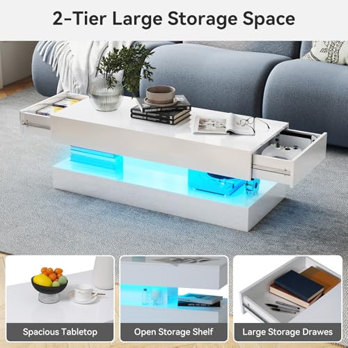 47" High Gloss LED Coffee Table with Storage, 2-Tier Modern Center Table with 2 Sliding Drawers & Open Display Shelf, Wood Rectangle Large Coffee Tables for Living Room, White