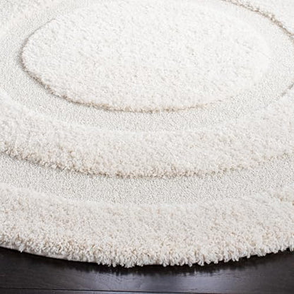 SAFAVIEH Florida Shag Collection Area Rug - 5' Round, Creme & Creme, Border Design, Non-Shedding & Easy Care, 1.2-inch Thick Ideal for High Traffic Areas in Living Room, Bedroom (SG454-1111)