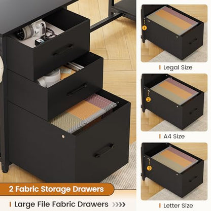 L Shaped Computer Desk, 58'' Office Desk with 3 Drawers and Bookshelf, L Shaped Corner Desk with Storage Shelves and LED Light for Home Office, Gaming Desk, L Desk, Black