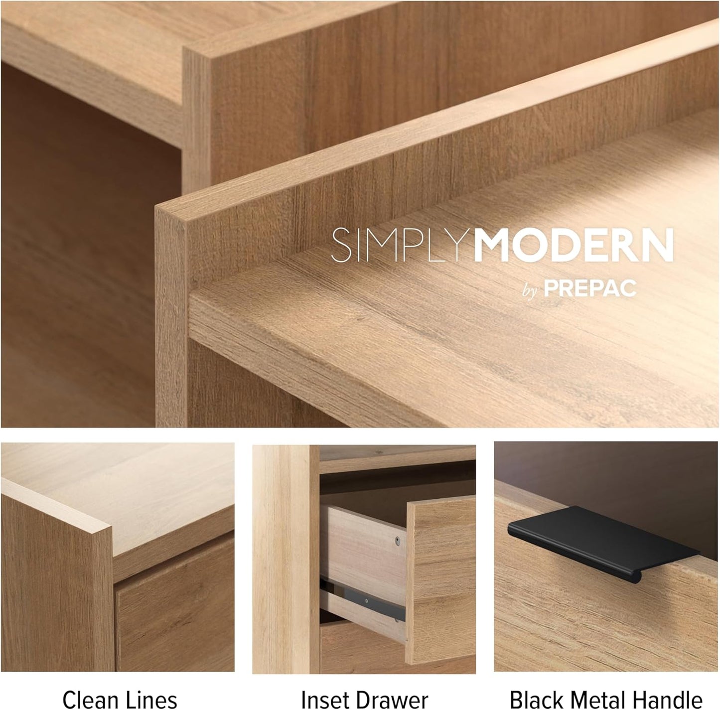Simply Modern Nightstand Bedside Table, Natural Oak Nightstand for Bedroom, End Table with 3 Drawers 26.5" W X 26.75" H X 16" D