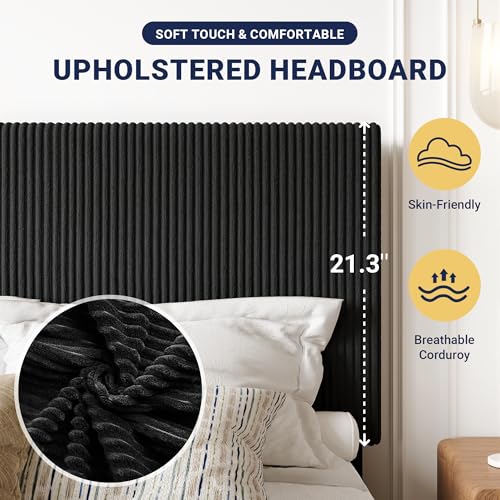 Queen Bed Frame, Adjustable Corduroy Headboard, Platform, Black, view 5