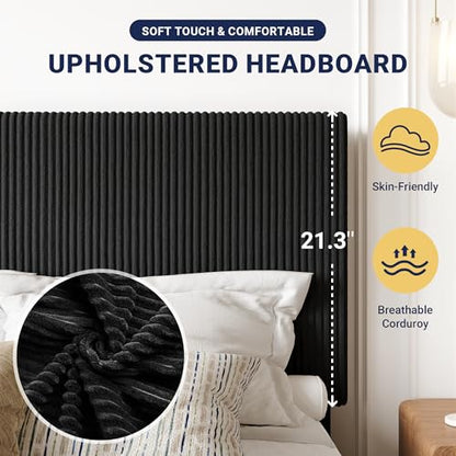 Queen Bed Frame, Adjustable Corduroy Headboard, Platform, Black, view 5