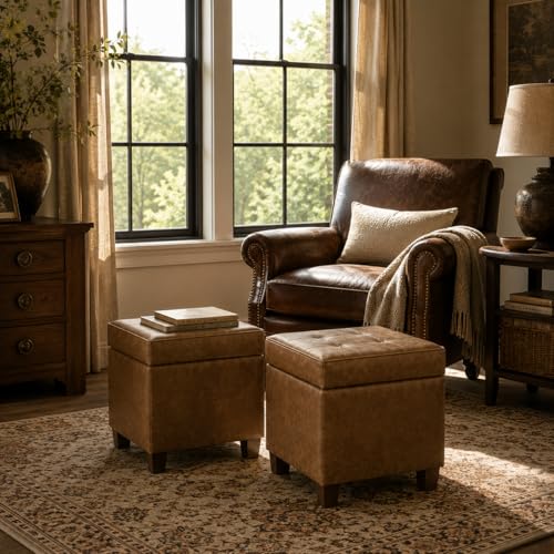 Square Tufted Storage Ottoman - Distressed Brown Faux Leather Small