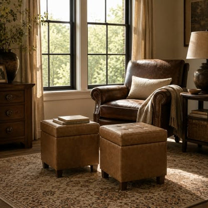 Square Tufted Storage Ottoman - Distressed Brown Faux Leather Small