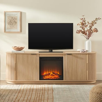 Chloe Reeded TV Stand with Fireplace Insert, 75 Inch, 70 Inch, Coastal Oak
