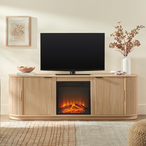Chloe Reeded TV Stand with Fireplace Insert, 75 Inch, 70 Inch, Coastal Oak