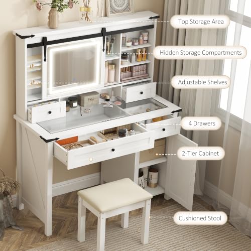 Farmhouse Vanity Desk with Mirror, LED Lights, Stool, White, view 6